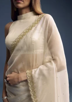 Cream Tissue Saree With Stone And Beaded Embroidery