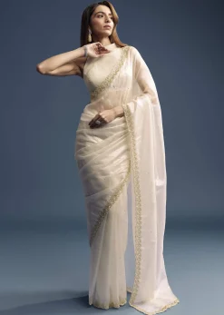 Cream Tissue Saree With Stone And Beaded Embroidery
