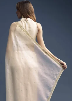 Cream Tissue Saree With Stone And Beaded Embroidery