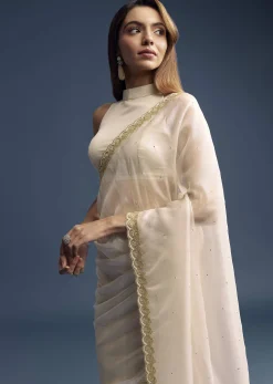 Cream Tissue Saree With Stone And Beaded Embroidery