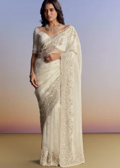 Cream Tissue Saree With Sequins Floral Embroidery