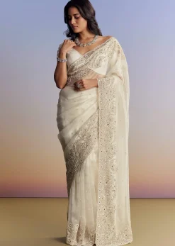 Cream Tissue Saree With Sequins Floral Embroidery