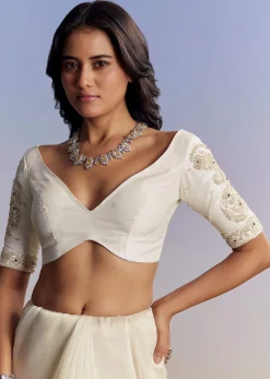 Cream Tissue Saree With Sequins Floral Embroidery