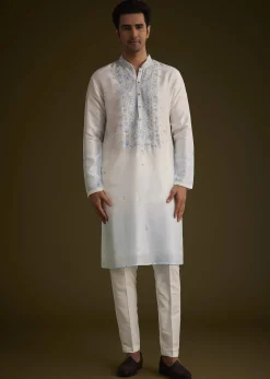 Cream To Blue Ombre Silk Kurta Set With Mirror Embroidery