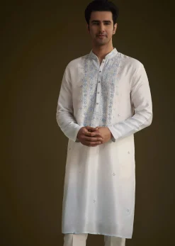 Cream To Blue Ombre Silk Kurta Set With Mirror Embroidery