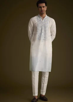 Cream To Blue Ombre Silk Kurta Set With Mirror Embroidery
