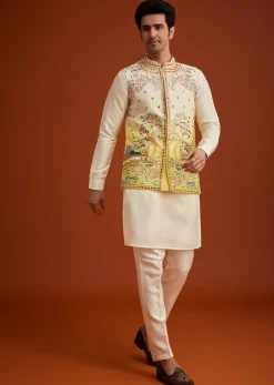 Cream To Yellow Ombre Silk Jacket Set With Thread And Mirror Work