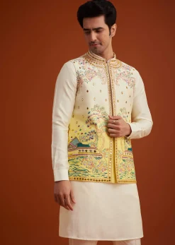 Cream To Yellow Ombre Silk Jacket Set With Thread And Mirror Work