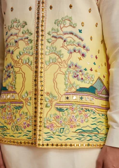 Cream To Yellow Ombre Silk Jacket Set With Thread And Mirror Work