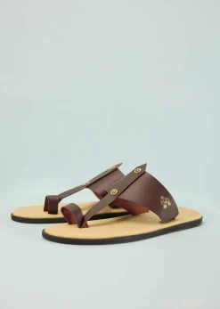 Cream White And Mocha Brown Strappy Slides For Men In Leather With Buttons