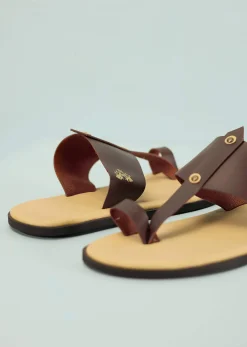 Cream White And Mocha Brown Strappy Slides For Men In Leather With Buttons
