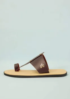 Cream White And Mocha Brown Strappy Slides For Men In Leather With Buttons