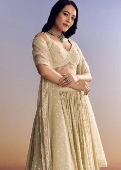 Cream White Banarasi Lehenga Set With Cut Dana Choli