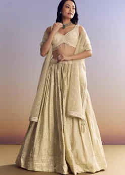Cream White Banarasi Lehenga Set With Cut Dana Choli