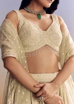 Cream White Banarasi Lehenga Set With Cut Dana Choli
