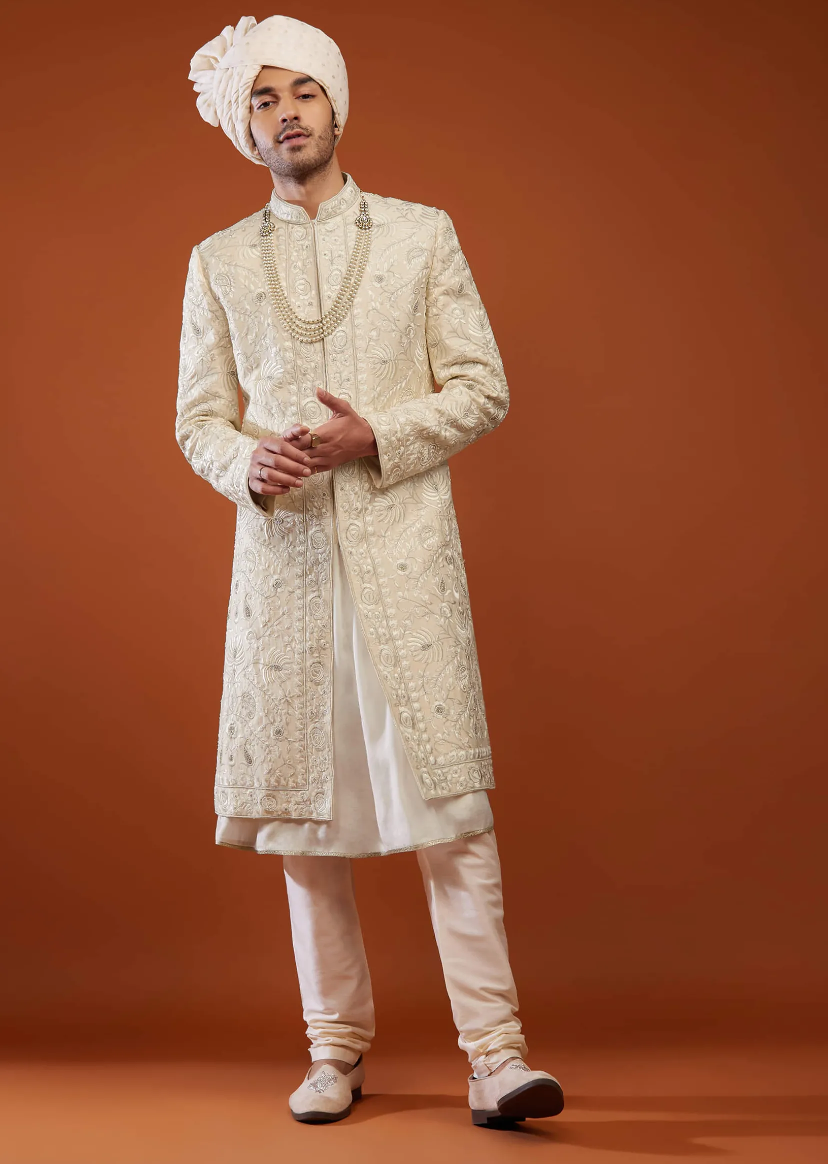 Cream White Embroidered Sherwani Set In Tussar Silk