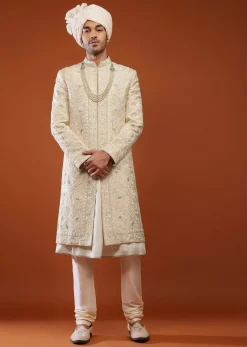 Cream White Embroidered Sherwani Set In Tussar Silk