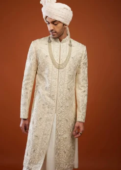 Cream White Embroidered Sherwani Set In Tussar Silk