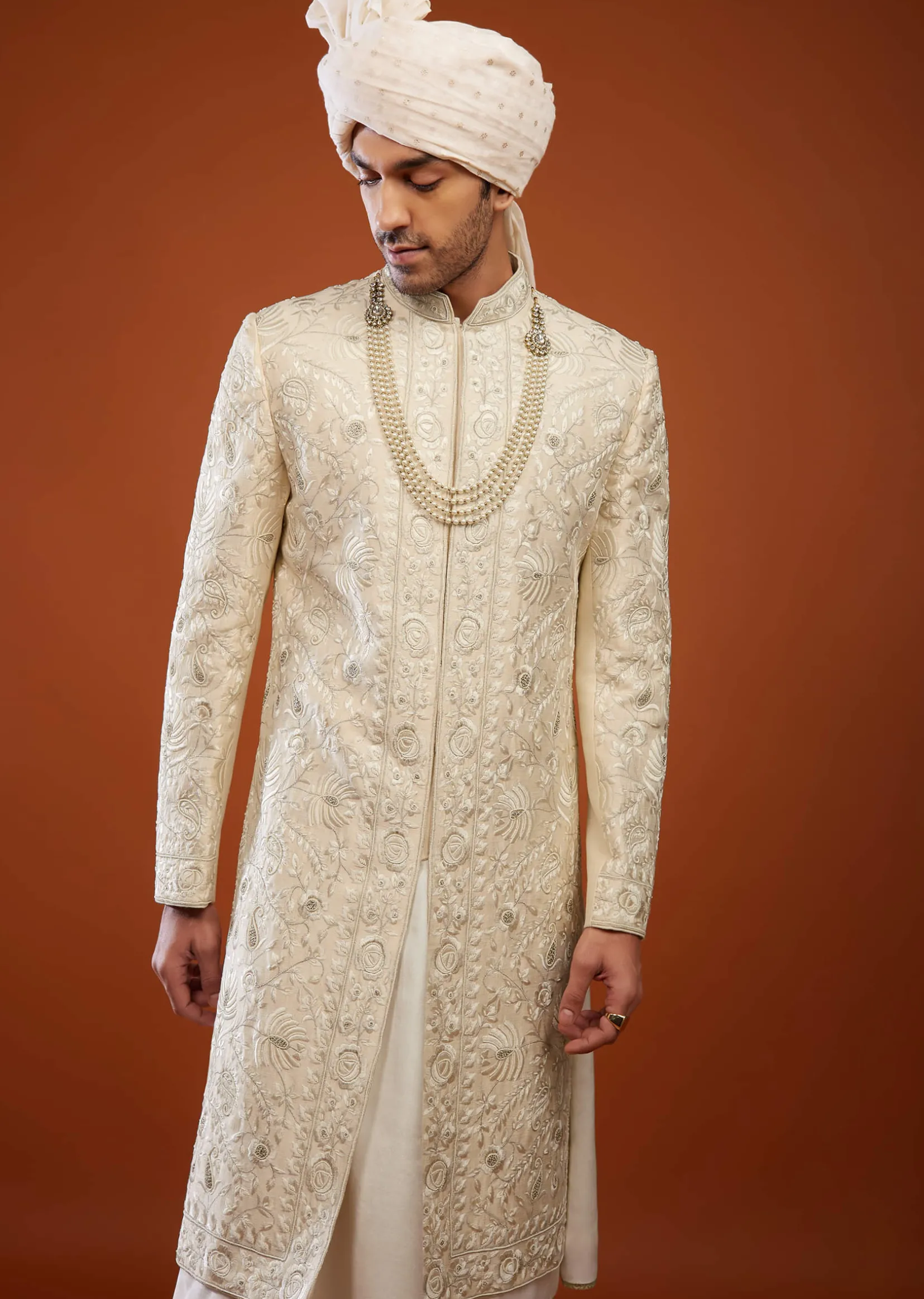 Cream White Embroidered Sherwani Set In Tussar Silk