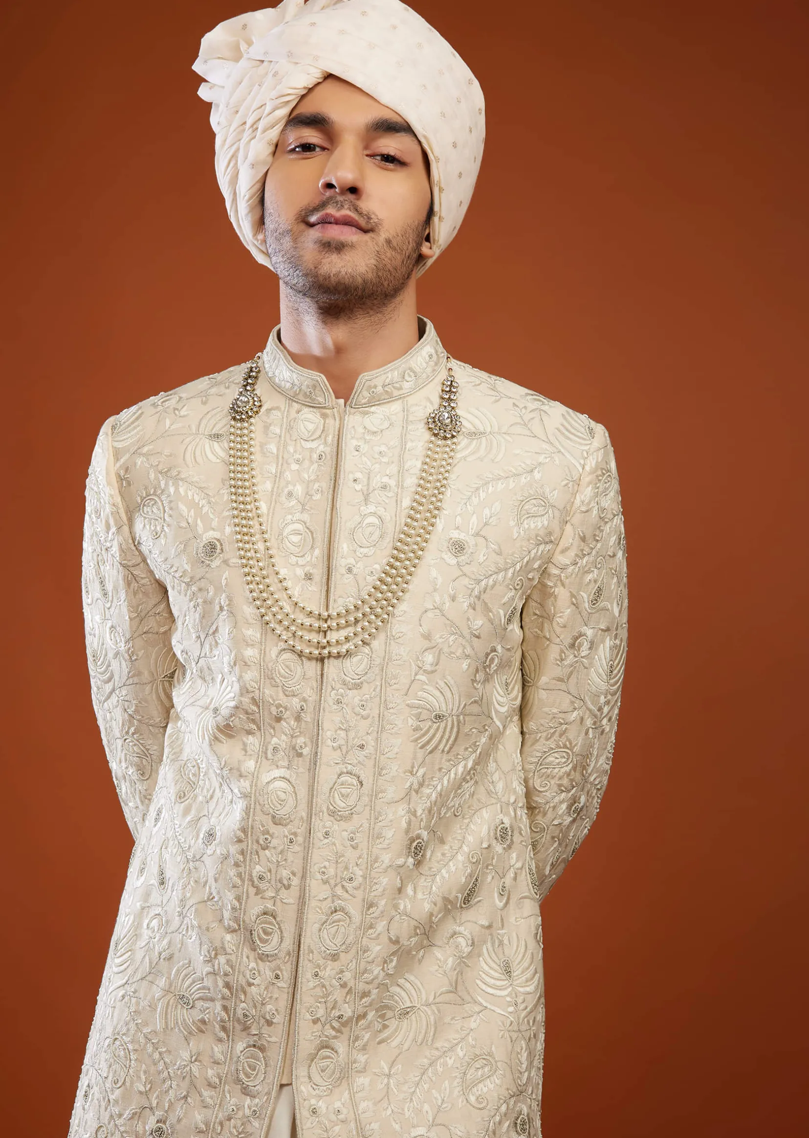Cream White Embroidered Sherwani Set In Tussar Silk
