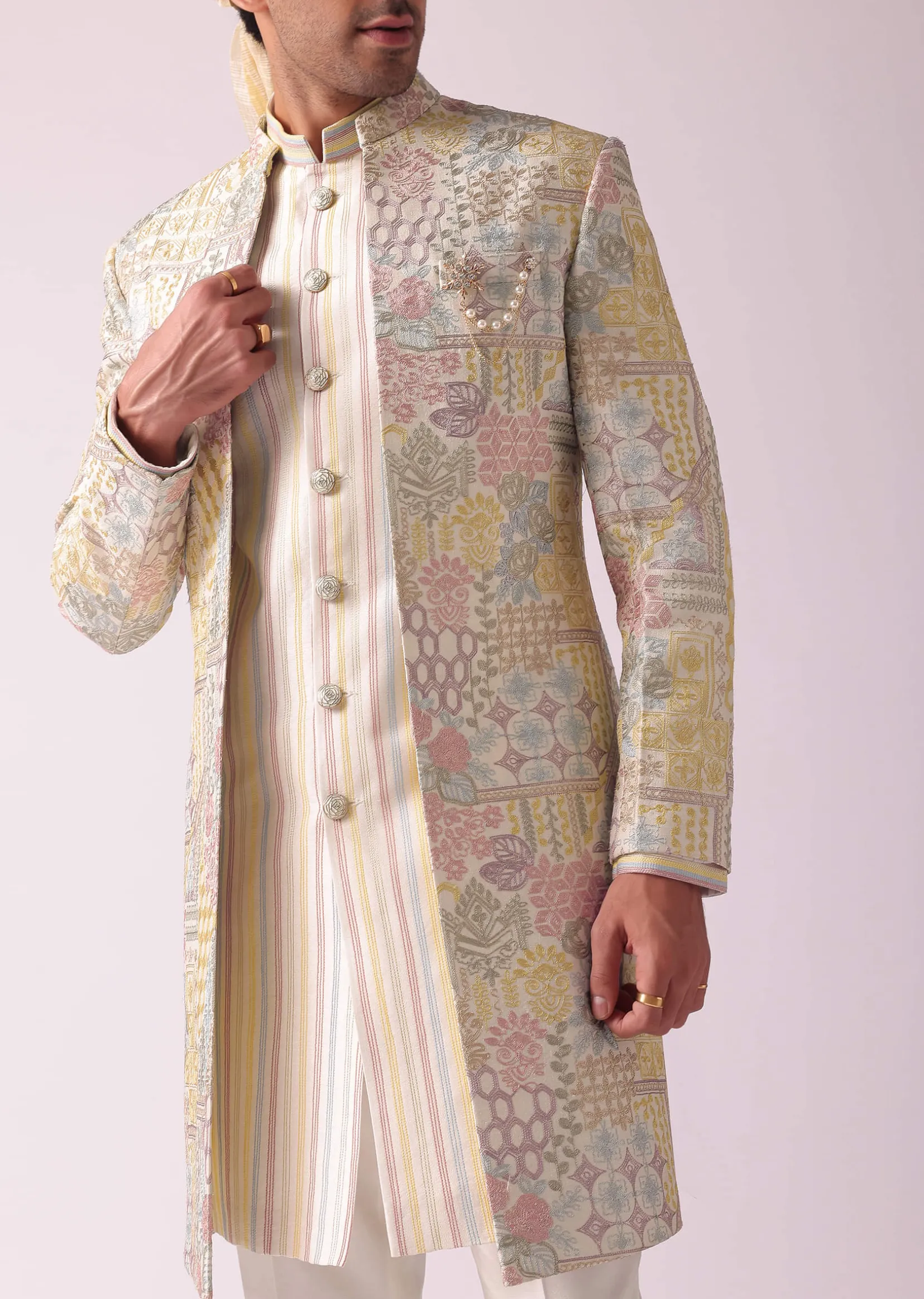 Cream White Printed Indowestern In Dupion Silk