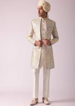 Cream White Printed Indowestern In Dupion Silk