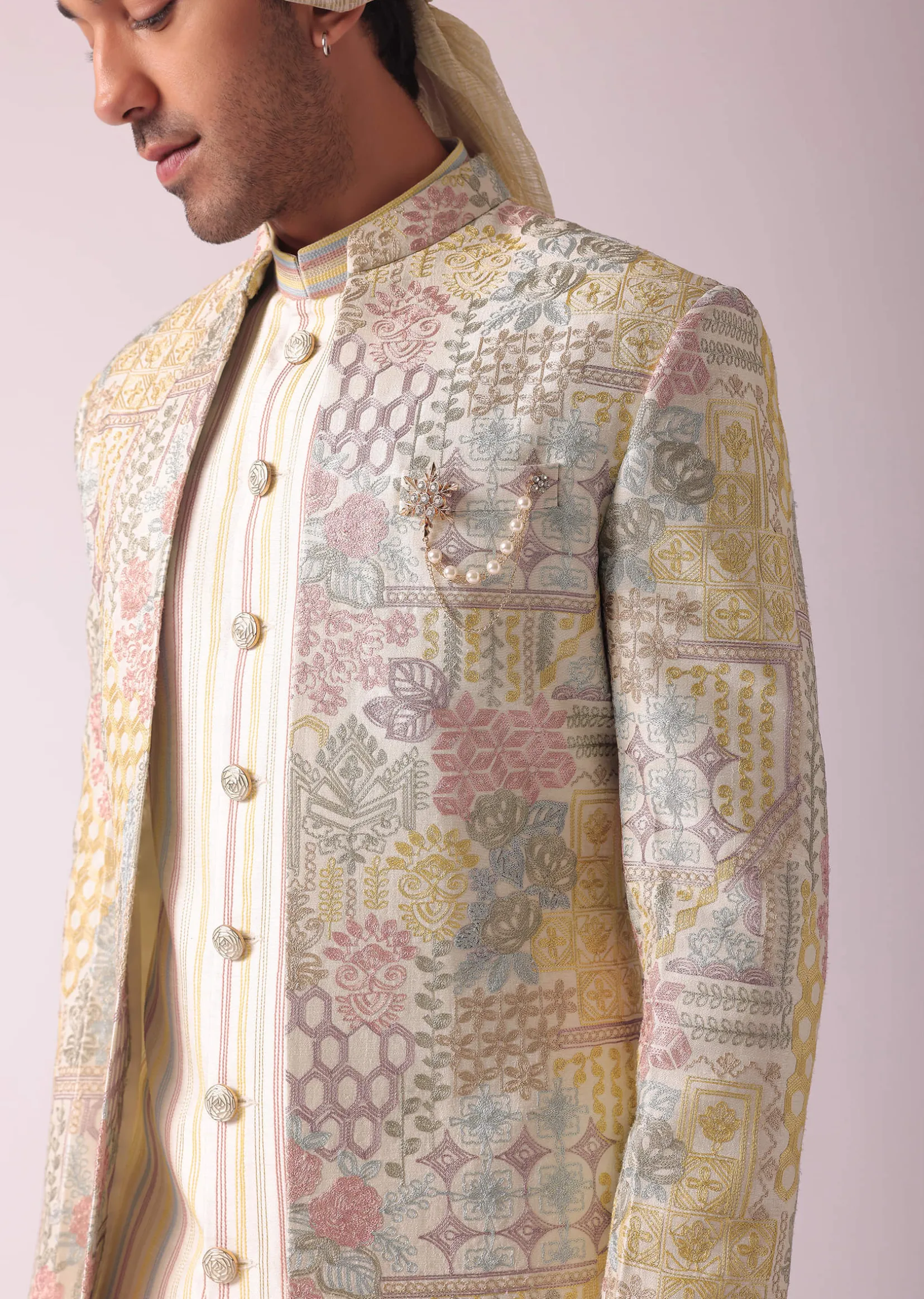 Cream White Printed Indowestern In Dupion Silk