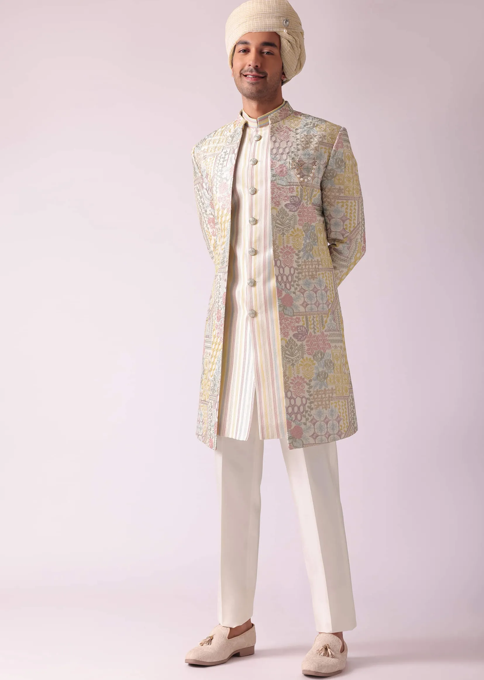 Cream White Printed Indowestern In Dupion Silk