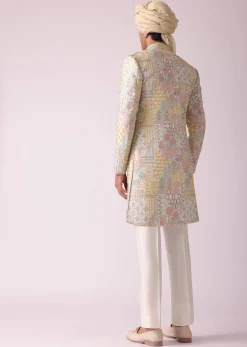 Cream White Printed Indowestern In Dupion Silk