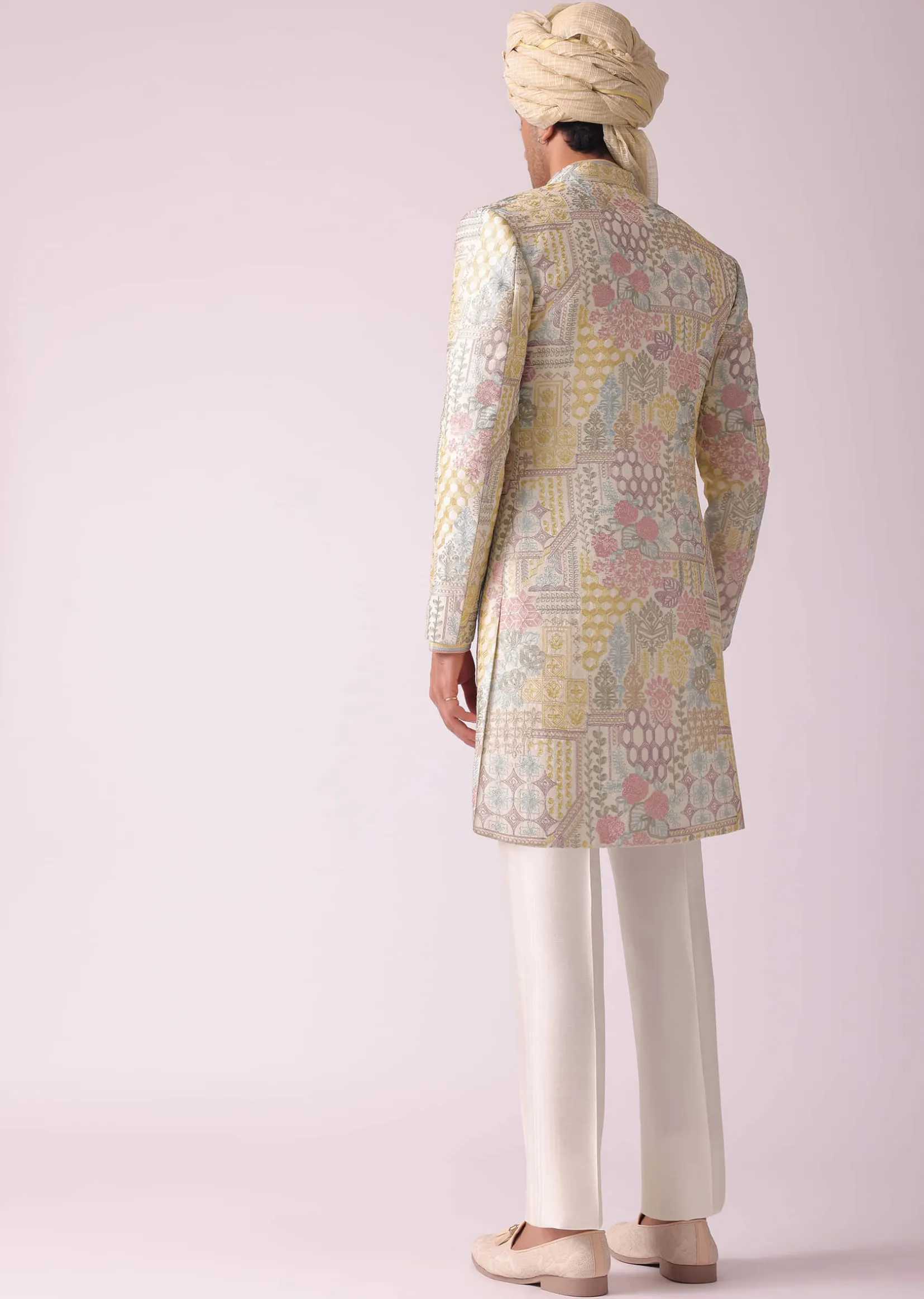 Cream White Printed Indowestern In Dupion Silk
