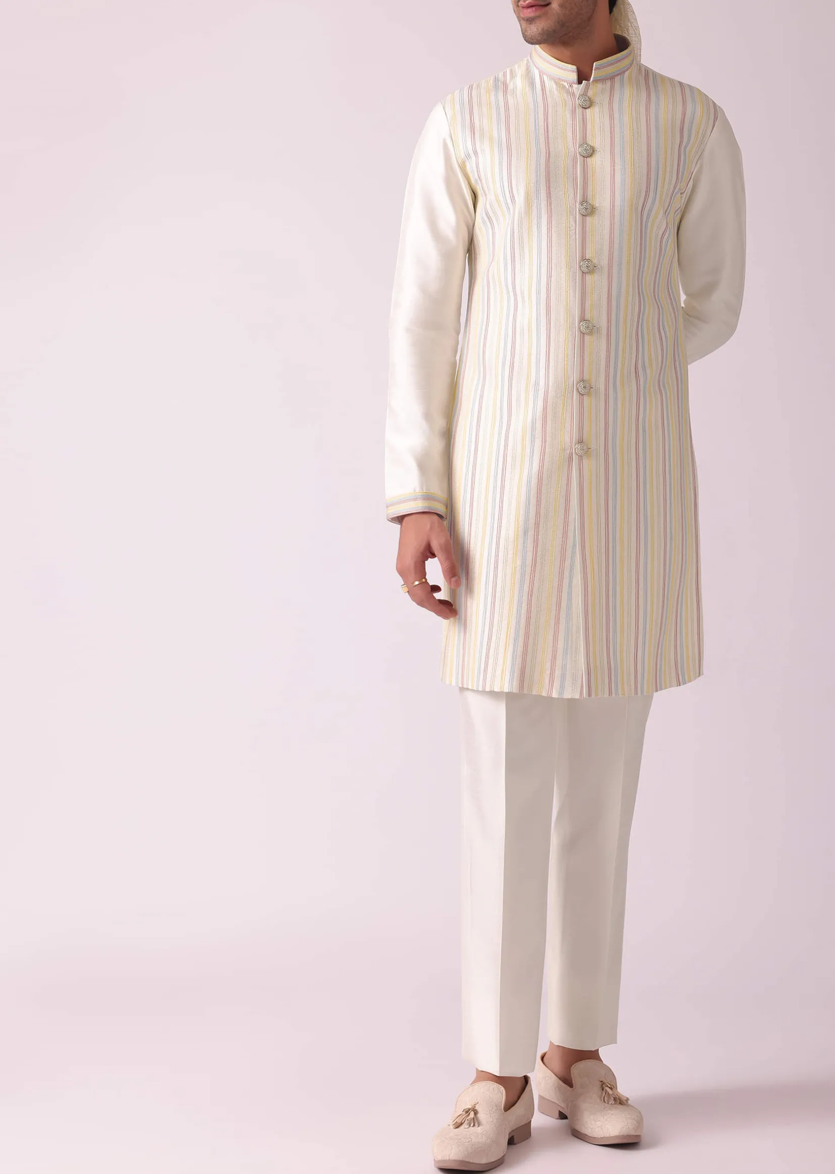 Cream White Printed Indowestern In Dupion Silk