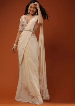 Cream White Ready Tp Wear Saree With Floral Hand Work On The Blouse