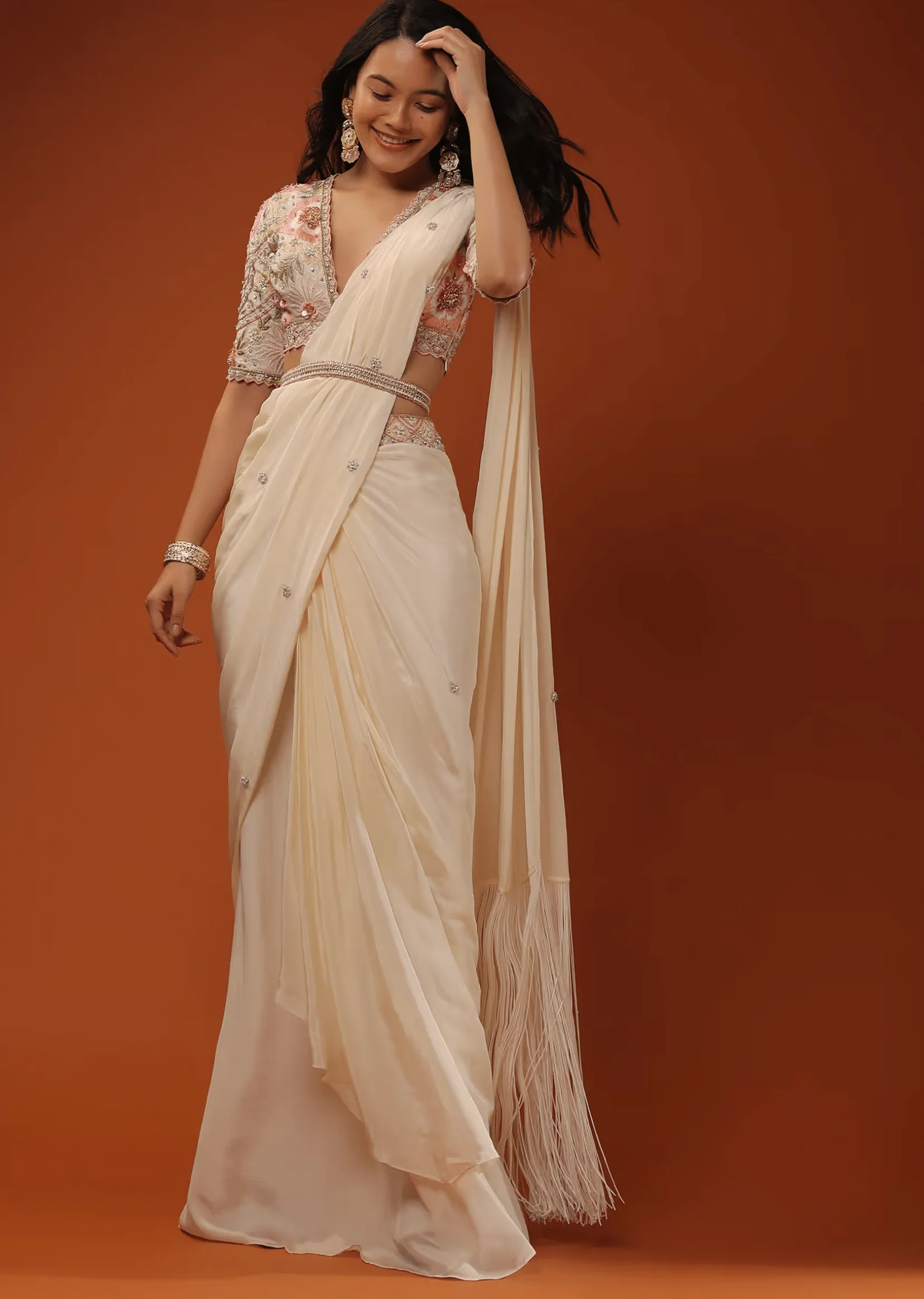 Cream White Ready Tp Wear Saree With Floral Hand Work On The Blouse