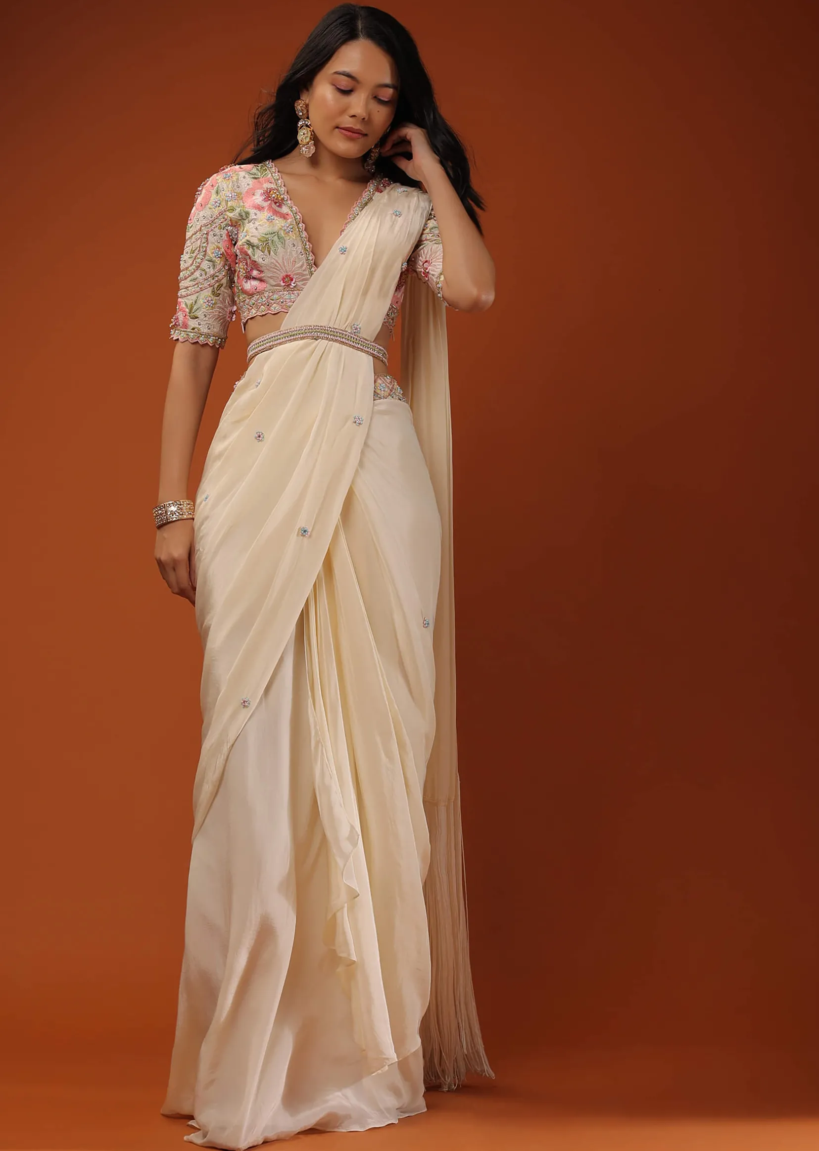 Cream White Ready Tp Wear Saree With Floral Hand Work On The Blouse