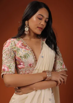 Cream White Ready Tp Wear Saree With Floral Hand Work On The Blouse