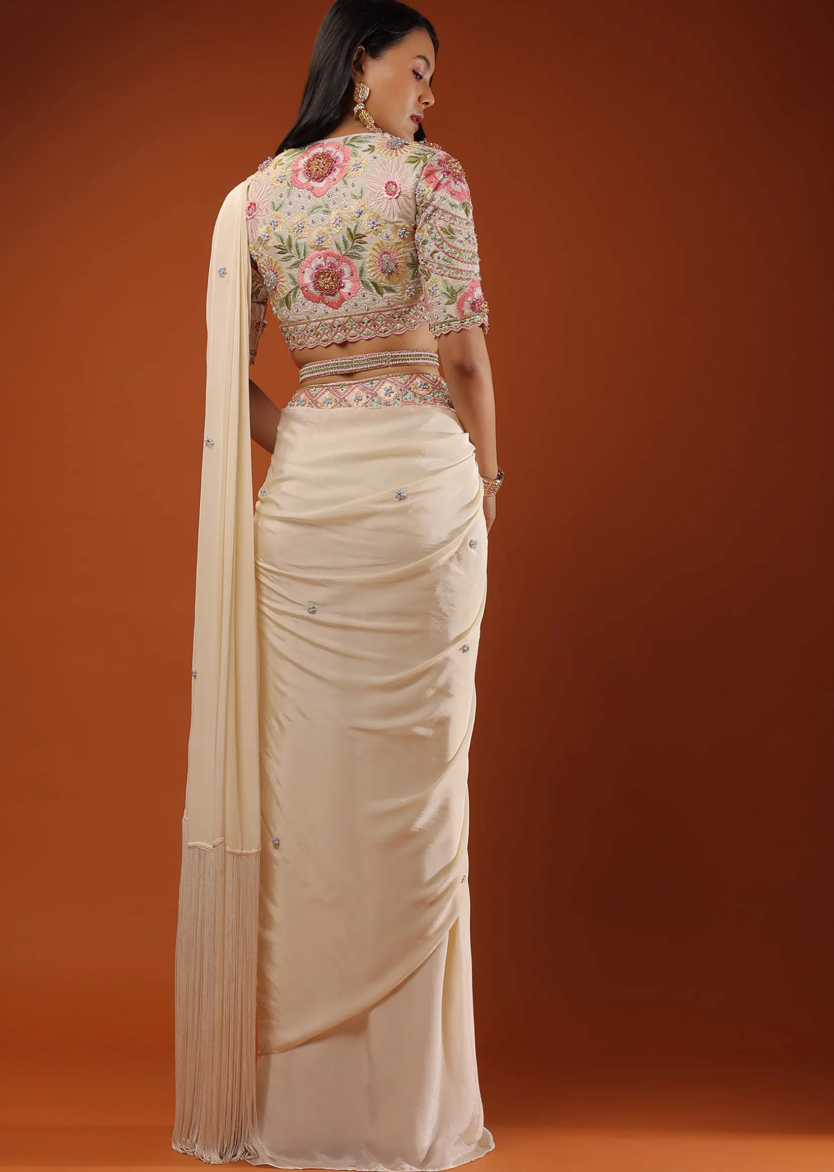 Cream White Ready Tp Wear Saree With Floral Hand Work On The Blouse