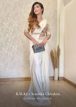 Cream White Ready Tp Wear Saree With Floral Hand Work On The Blouse