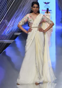 Cream White Ready Tp Wear Saree With Floral Hand Work On The Blouse