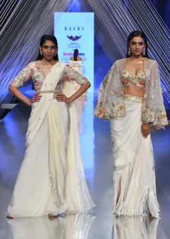 Cream White Ready Tp Wear Saree With Floral Hand Work On The Blouse