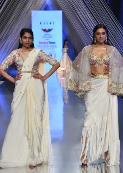Cream White Ready Tp Wear Saree With Floral Hand Work On The Blouse