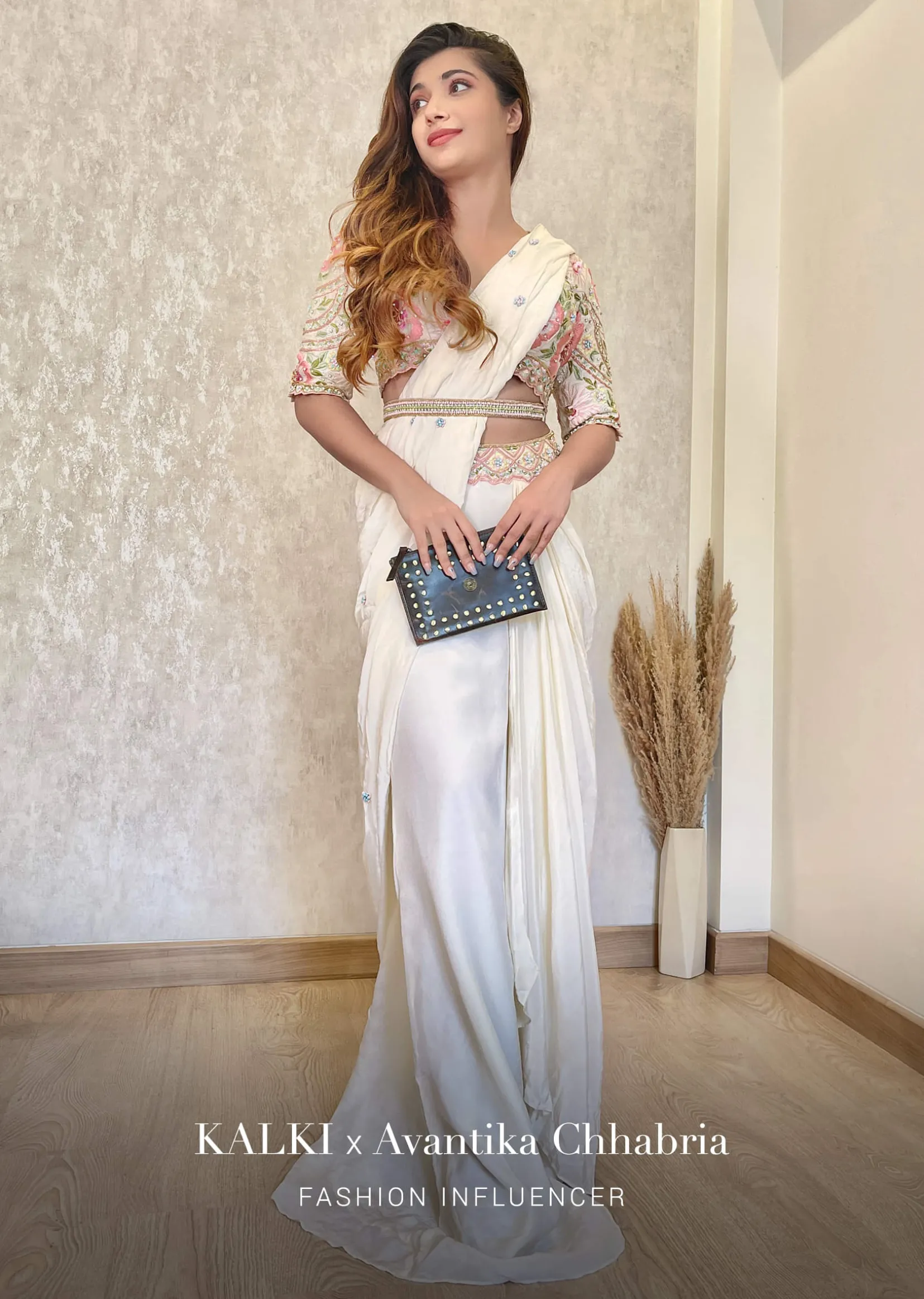 Cream White Ready Tp Wear Saree With Floral Hand Work On The Blouse
