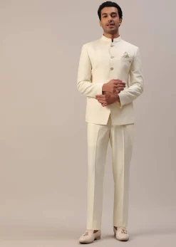 Cream White Terry Rayon Jodhpuri Suit