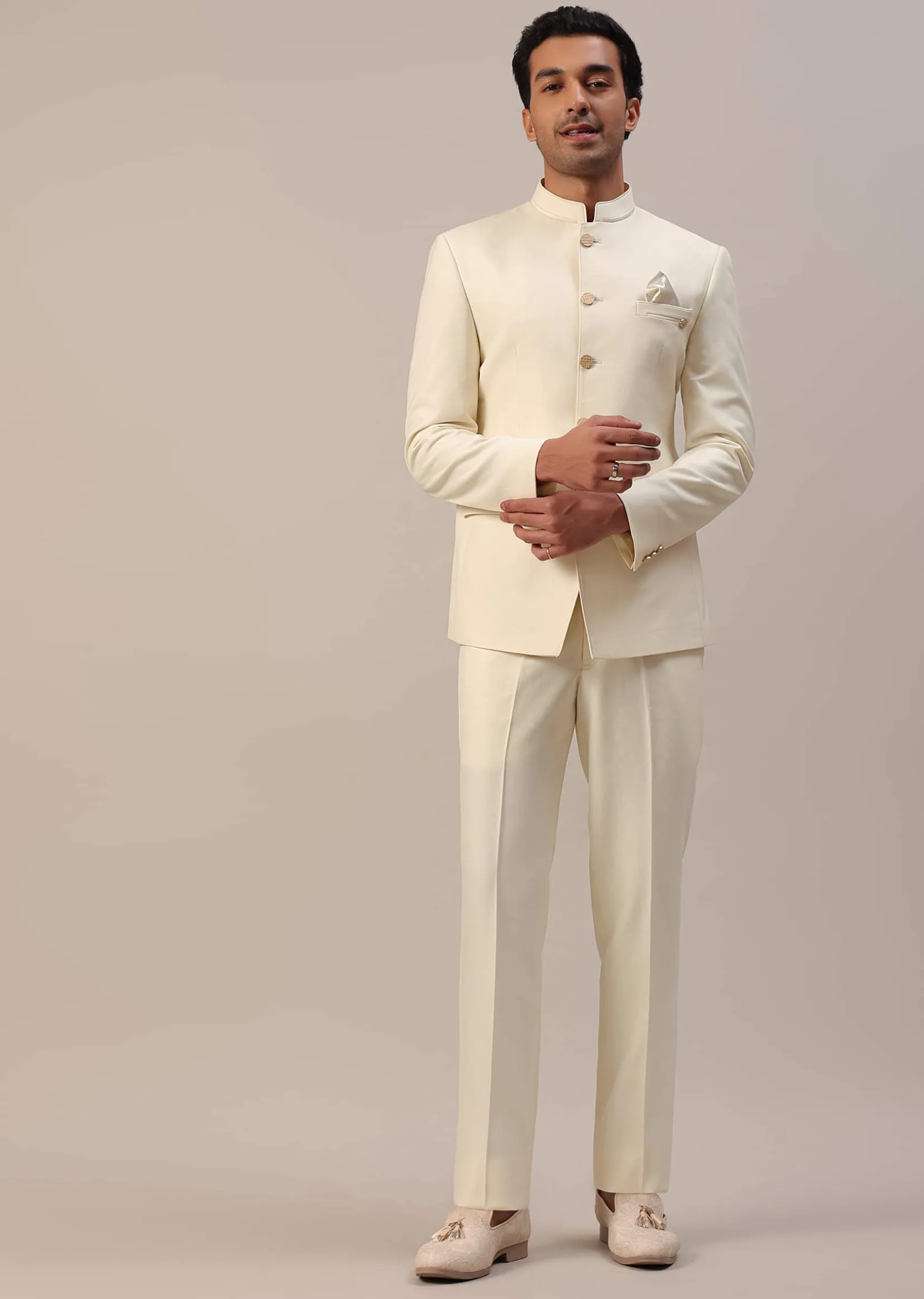 Cream White Terry Rayon Jodhpuri Suit