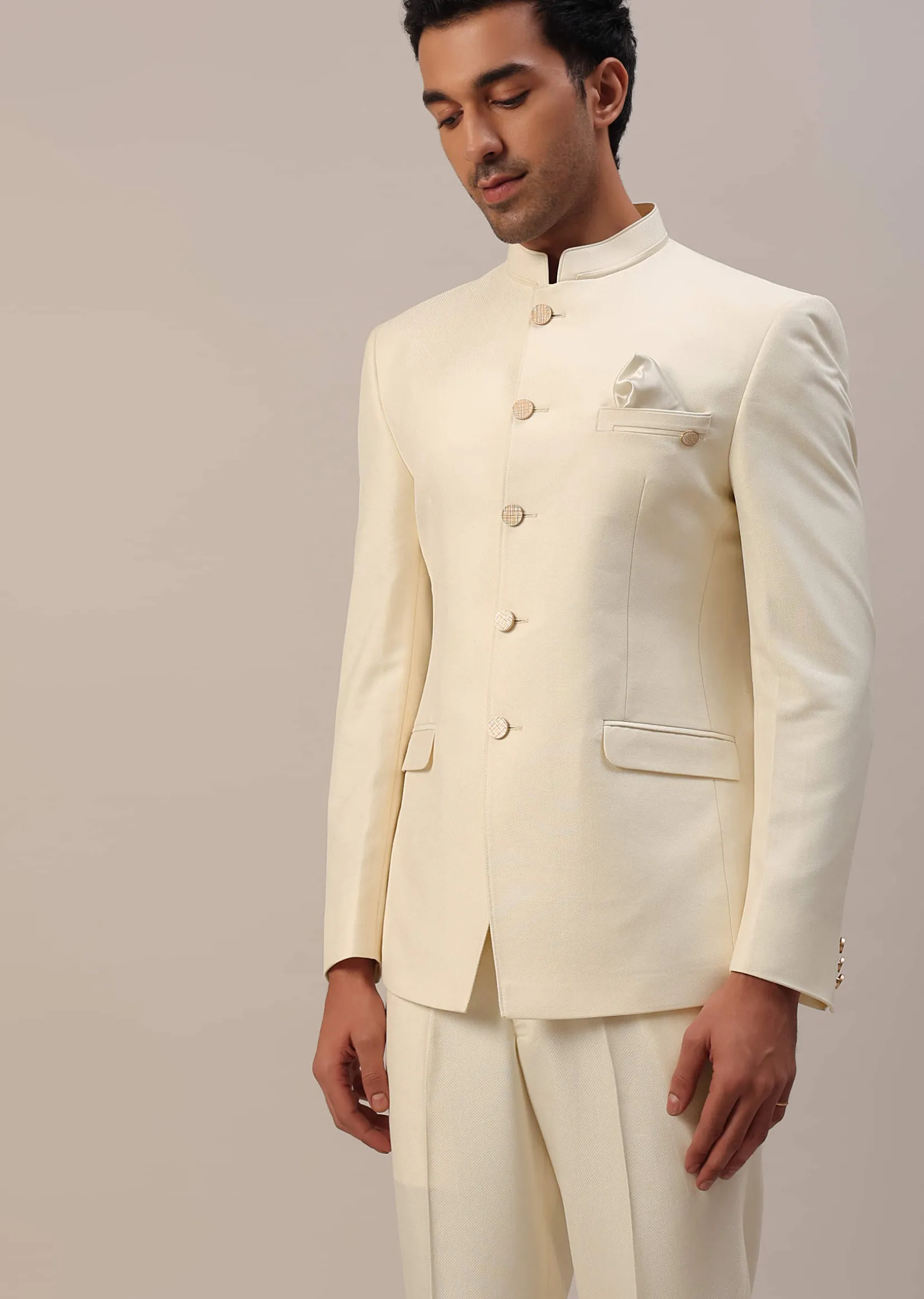 Cream White Terry Rayon Jodhpuri Suit
