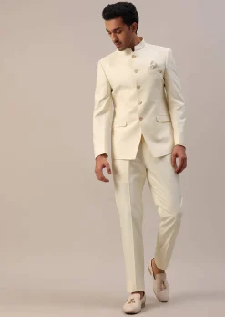 Cream White Terry Rayon Jodhpuri Suit