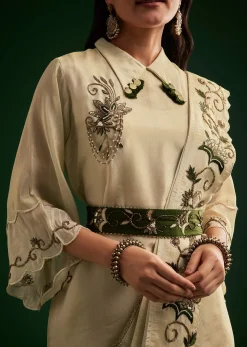 Cream White Tissue Kurta Dhoti With Dupatta And Belt