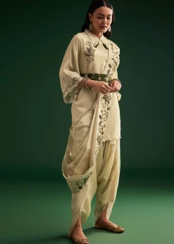 Cream White Tissue Kurta Dhoti With Dupatta And Belt