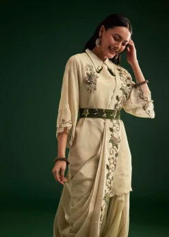 Cream White Tissue Kurta Dhoti With Dupatta And Belt