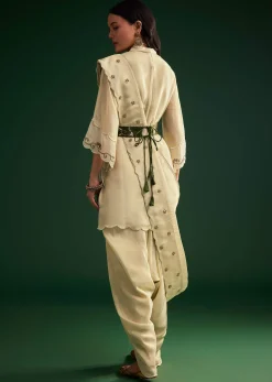 Cream White Tissue Kurta Dhoti With Dupatta And Belt