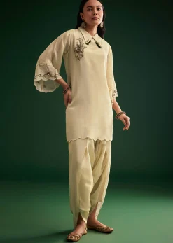 Cream White Tissue Kurta Dhoti With Dupatta And Belt